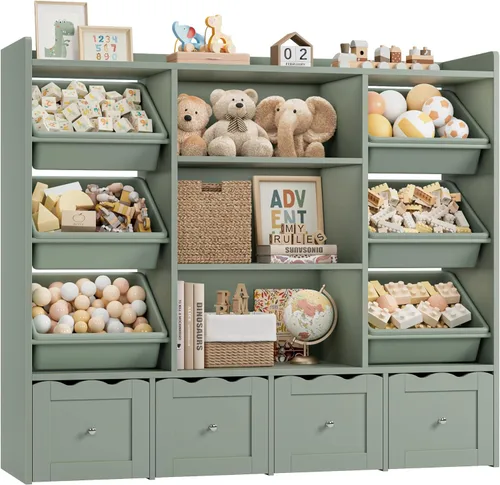 Miniatura 7 de HITHOS Organizador de almacenamiento de juguetes para niños de 55 pulgadas de ancho, caja de juguetes grande con estantería, baúl de juguetes