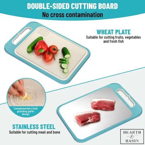 Miniatura 3 de Tabla de cortar no plástica para cocina, 14 x 11 pulgadas, placa de trigo de doble cara de acero inoxidable, resistente a los arañazos, ranura