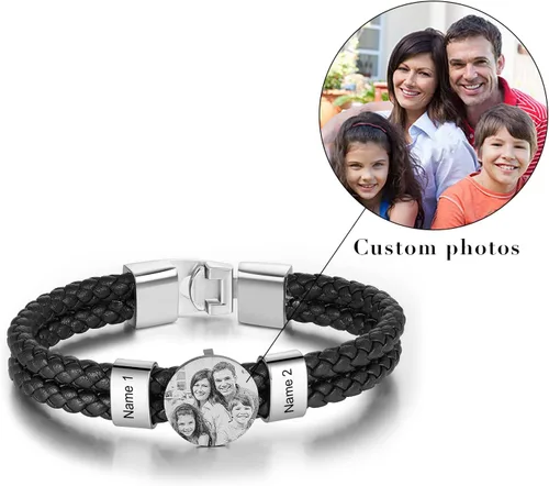 Miniatura 5 de Pulsera de cuero personalizada para hombre, grabada con nombre, imagen, foto, cuerda trenzada para papá, marido, abuelo, novio