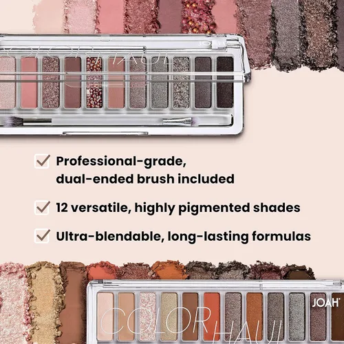 Miniatura 6 de JOAH Color Haul Paleta de sombras de ojos, kit de maquillaje de ojos de tamaño de viaje, sombra de ojos mate y brillante, maquillaje coreano, 12