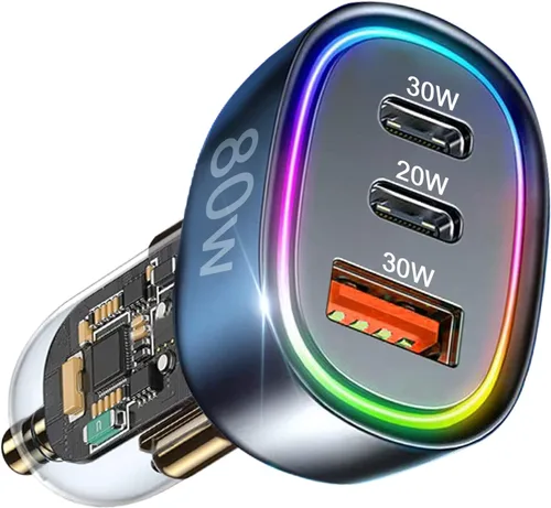 Cargador de coche USB C, 80 W [PD3.0 dual y QC30W] adaptador para encendedor de cigarrillos, 3 puertos cargador USB de teléfono de coche de carga