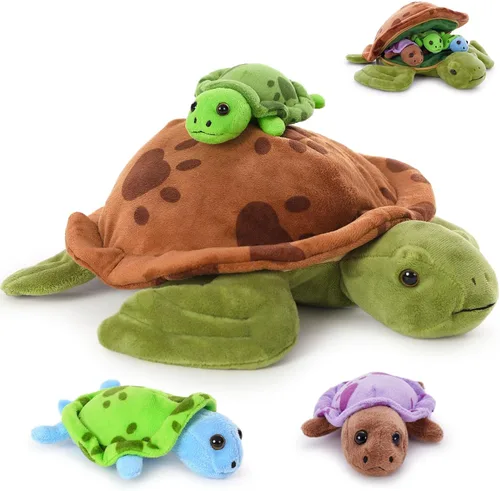 Miniatura 9 de Muiteiur Juego de animales marinos suaves de felpa con casa de conchas marinas de felpa, incluye tortuga de peluche, langosta, cangrejo, delfín, pez