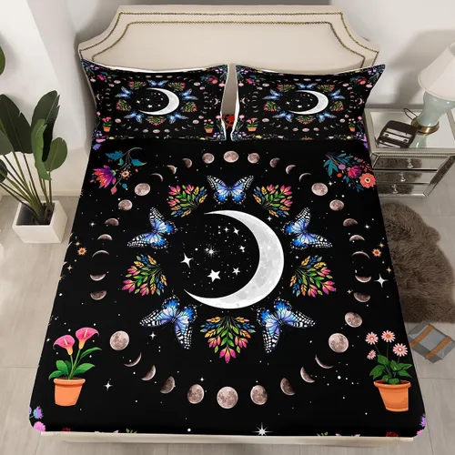 Miniatura 14 de Erosebridal Sábanas de cama de polilla de la muerte, sábana bajera ajustable de calavera gótica, tamaño individual, sábanas florales de flores