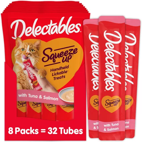 Hartz Delectables Squeeze Up Golosinas Interactivas Húmedas Lamibles para Gatos Adultos y Mayores, Atún y Salmón, 4 Unidades (Paquete de 8)
