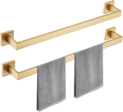 Juego de toallero de baño dorado cepillado de 23.6 pulgadas, 2 piezas de toallero cuadrado montado en la pared, soporte de toalla de acero