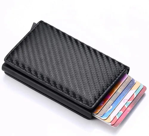 Miniatura 3 de Cartera minimalista con bloqueo RFID de piel sintética ligera de aluminio para tarjetas de crédito en efectivo, Fibra de carbono, Rfid Wallet