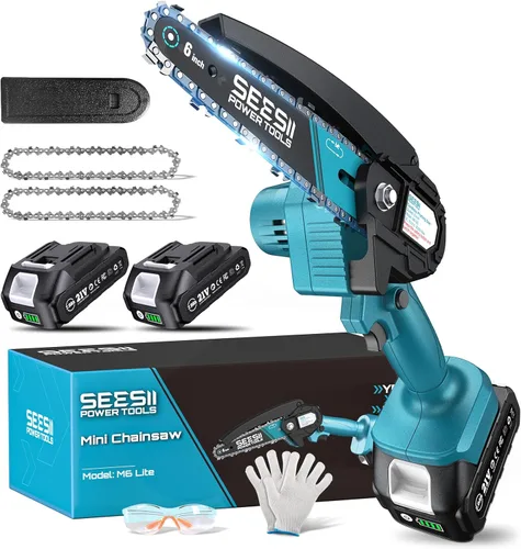 Seesii Mini motosierra, mini motosierra de 6 pulgadas, inalámbrica, de mano, con 2 baterías, para cortar árboles, cortar madera, el mejor regalo Azul
