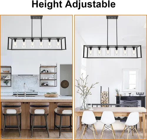Miniatura 6 de Candelabros de 6 luces con acabado negro, accesorios de iluminación colgantes industriales modernos para isla de cocina con luces de techo de vidrio