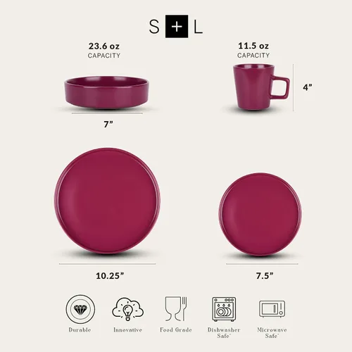 Miniatura 2 de Stone Lain Cleo Stoneware - Juego de vajilla redonda de 32 piezas, color magenta, servicio para 8, Coupé - Celina