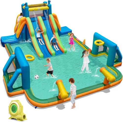 Miniatura 14 de BOUNTECH Tobogán acuático inflable, toboganes de surf duales para niños, parque de toboganes de agua, castillo inflable con 2 anillos de natación