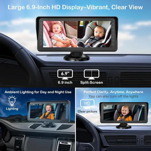 Miniatura 7 de Cámara dual de coche para bebé para 2 niños, pantalla dividida de 6.9 pulgadas, pantalla ultra ancha HD con dos cámaras, fácil configuración