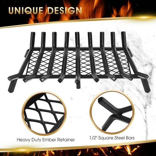 Miniatura 5 de G GOOD GAIN Rejilla para chimenea con retenedor de brasas, de 15.5" de hierro fundido resistente para interiores, chimenea, hogar, estufa de leña
