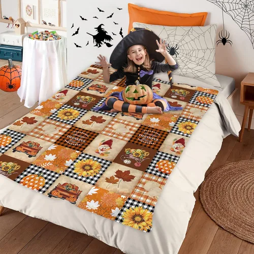 Miniatura 4 de Manta de forro polar suave, manta de otoño para sofá, diseño de gnomo, calabaza, camión, girasol, hoja de arce, búfalo, manta ligera, acogedora