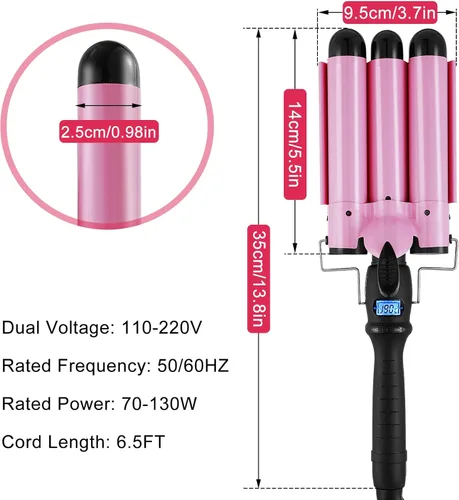 Miniatura 2 de Plancha rizadora de 3 barriles de cerámica con pantalla LCD y herramienta de doble voltaje para mujeres, ondas de playa con temperatura ajustable
