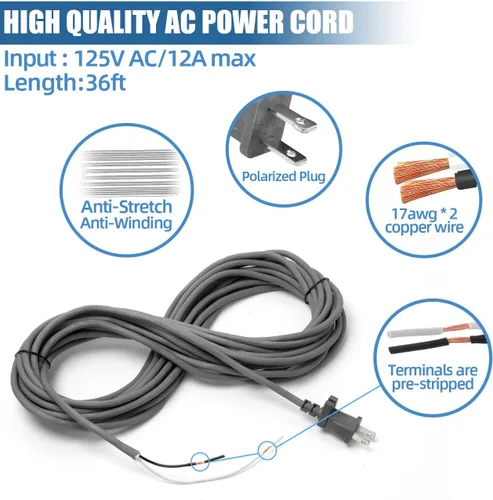Miniatura 2 de Cable de alimentación de 36 pies para aspiradora Shark Navigator Lift-Away Pro NV355 NV356 NV357 UV400 UV540 NV36 NV60 NV80 NV360 NV370 NV585