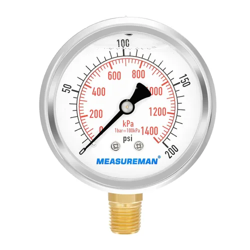Miniatura 16 de MEASUREMAN - Manómetro de presión 1/4 NPT, manómetro de presión lleno de glicerina 0-100psi/kPa con esfera de 2.5 pulgadas y caja de acero