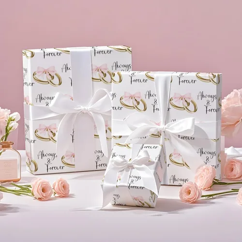 Miniatura 4 de RUSPEPA Rollo de papel de regalo de boda, mini rollo, lazos rosas y anillos dorados con diseño de texto "Always & Forever", elegante envoltura
