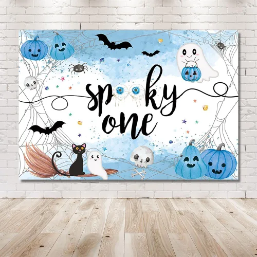 Miniatura 6 de MEHOFOND Fondo espeluznante de Halloween de 7 x 5 pies, fondo azul acuarela Little Boo Baby Shower para niños, telaraña de murciélago, calabaza