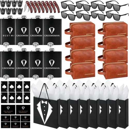 Miniatura 15 de 20 piezas de regalos para padrinos de novio, caja de propuesta con matracas, gafas de sol, bolsa de aseo de cuero PU, abridor de botellas