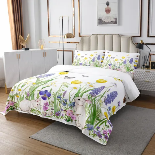 Miniatura 3 de Erosebridal Juego de colcha de conejo blanco, diseño de flores de tulipán amarillo, diseño rústico de mariposas, juego de edredón acolchado de Multi