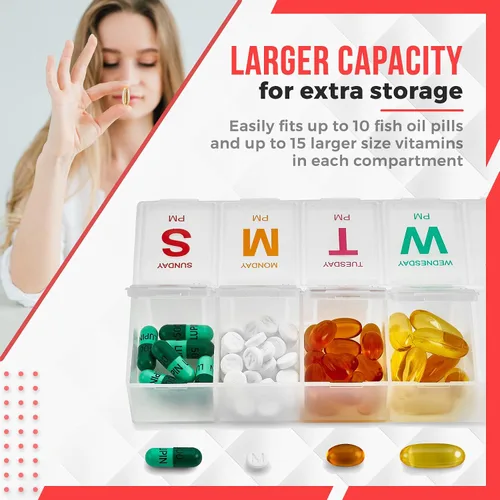 Miniatura 3 de Organizador semanal grande de píldoras, paquete de 2 pastilleros AM PM, organizador de pastillas XL de 7 días para medicamentos, píldoras
