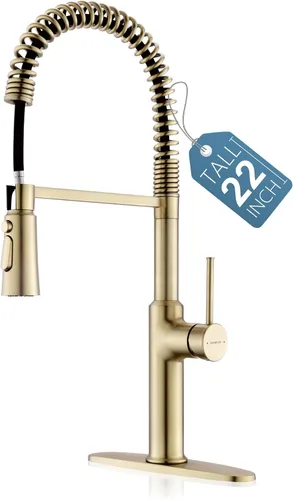 Miniatura 10 de Grifos para fregadero de cocina, oro cepillado, grifo de cocina de arco alto con rociador extraíble, grifos de cocina altos de latón macizo de 19