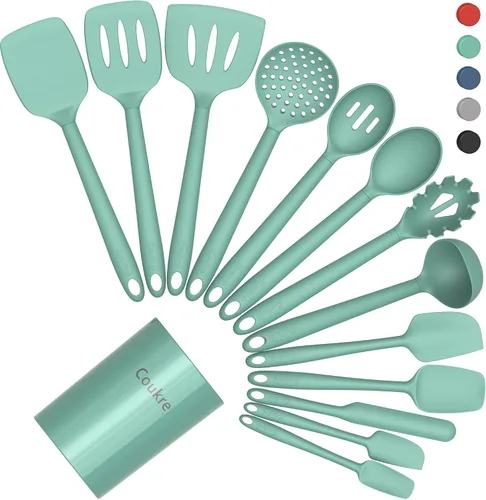 Miniatura 13 de Coukre Juego de utensilios de cocina de silicona con soporte, resistentes al calor, herramientas de cocina de grado alimenticio, espátula, cuchara