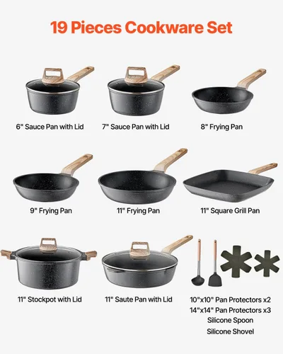 Miniatura 2 de VEVOR Juego de ollas y sartenes de 19 piezas, juego de utensilios de cocina antiadherentes de granito, utensilios de cocina de inducción