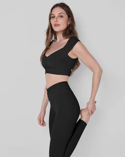 Miniatura 33 de ODODOS Camiseta corta sin mangas con cuello en V y frente fruncido para mujer, recortada en la espalda, manga casquillo