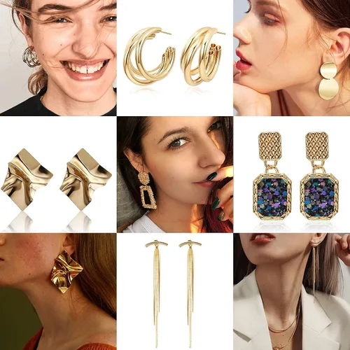 Miniatura 5 de FIFATA 30 pares de aretes de ratán para mujeres y niñas, aretes de aro dorados divertidos de acrílico, aretes colgantes de resina de moda