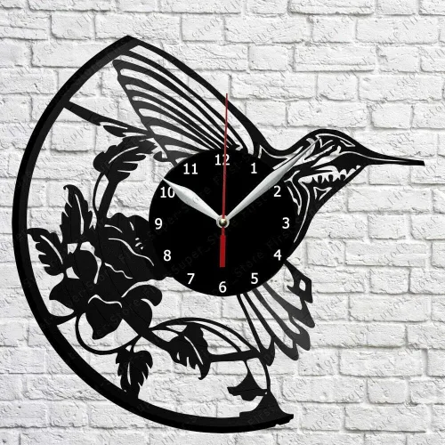 Reloj de pared de vinilo de colibríes, registro LP, decoración del hogar, hecho a mano, regalo de personalidad 1 (tamaño 12 pulgadas, color: negro)