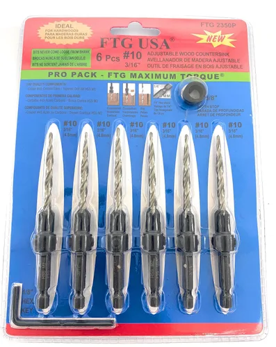 Miniatura 22 de FTG USA Juego de 12 brocas avellanadoras #8 (11/64 pulgadas) con collar de tope de profundidad, llave hexagonal, brocas cónicas para madera