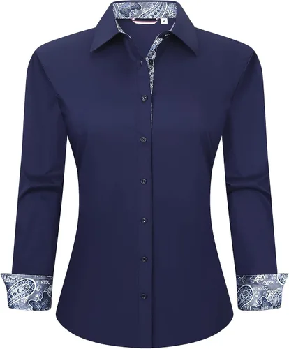 Miniatura 20 de WARHORSEE Blusas de vestir de manga larga con botones de algodón para mujer, blusas de trabajo elegantes de fácil cuidado, blusas casuales