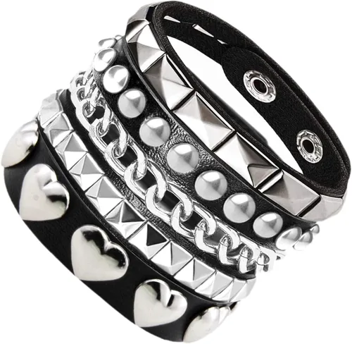 3 pulseras de cuero suave con corazón/pirámide/cadena, puños de muñeca Emo Punk, accesorios de joyería, regalo gótico para mujeres vintage