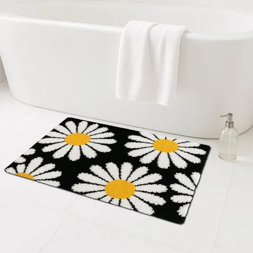 Miniatura 2 de Alfombra de baño de flores negras, alfombra de baño floral, bonita alfombra de baño de plantas, tapetes de baño de microfibra lavables para baño
