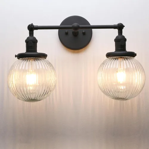 PERMO Aplique de pared industrial de 2 luces con pantalla de cristal de globo acanalado, aplique doble vintage con cable con interruptor Negro