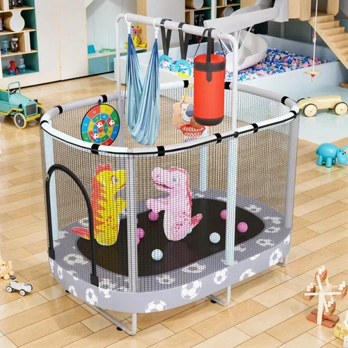 Miniatura 9 de LAMERGE Trampolín redondo 7 en 1 de 55 pulgadas para niños y niñas de 1 a 8 años, trampolín para interiores y exteriores para diversión, barandilla