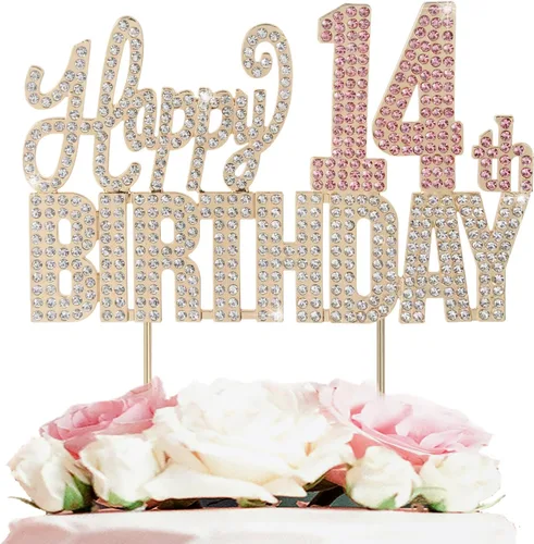 Miniatura 18 de Decoración de pastel de diamantes de imitación rosa y plateado con texto en inglés "Cheers to 11 Years Old Eleven Bday" de metal brillante