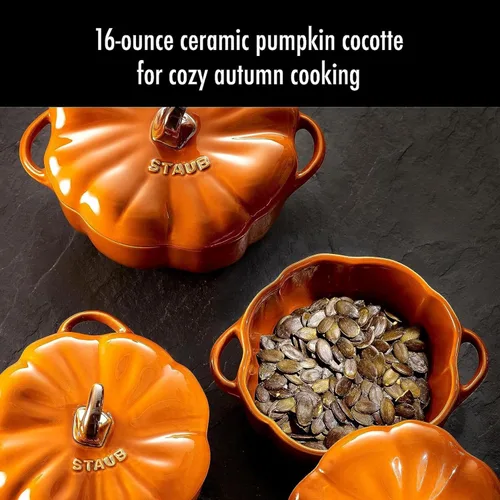 Miniatura 5 de STAUB Calabaza Pequeña de Cerámica de 0.75 cuartos, Segura para Horno y Estufa hasta 572°F, Plato de Calabaza, Horneado Color Naranja Caramelo