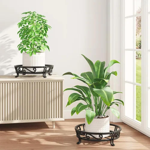 iDavosic.ly Paquete de 2 soportes de metal para plantas para interiores y exteriores, 11 pulgadas de ancho, de hierro resistente al óxido, para Negro
