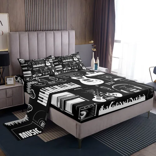 Miniatura 9 de Erosebridal Juego de sábanas con temática musical de música rock, tamaño Queen, juego de sábanas con estampado de notas musicales, juego de sábanas