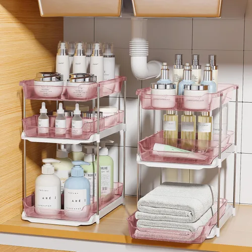 Miniatura 10 de Delamu 2 juegos de 3 niveles de organizadores y almacenamiento para debajo del fregadero del baño, organización y almacenamiento de despensa Blanco