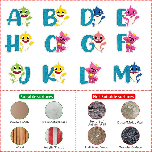 Miniatura 5 de BBY Shrk A-Z - Adhesivo decorativo para pared, diseño colorido de caricaturas con letras con iconos del océano, suministros educativos divertidos