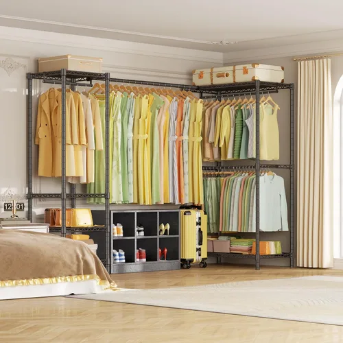 Miniatura 7 de ULIFHOME E10L - Perchero en forma de L para esquina (con barra de suspensión expandible), resistente y independiente para colgar ropa, perchero