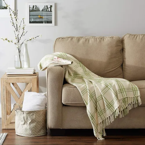 Miniatura 5 de DII Modern Farmhouse Plaid Collection - Manta de algodón con flecos, 50 x 60 pulgadas, color blanco/verde antiguo