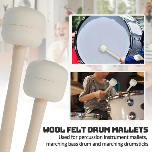 Miniatura 6 de Luomorgo 1 par de mazos de bombo de marcha, palitos de percusión de tambor de fieltro de lana con mango de madera, palos de percusión de timbales