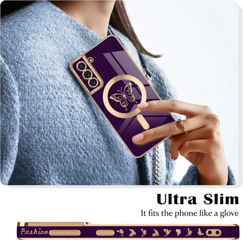 Miniatura 2 de Newseego Funda magnética para Samsung Galaxy S21 Plus 5G, bonita funda de lujo con borde chapado de mariposa para mujeres, niñas y hombres, TPU