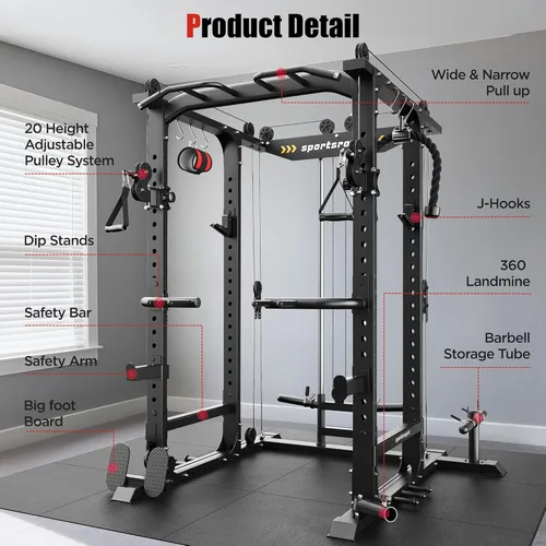 Miniatura 9 de Sportsroyals Jaula de Potencia, Rack de Potencia Multifuncional de 1600 libras con Sistema de Cruce de Cable Ajustable y Más Accesorios de Rojo/negro