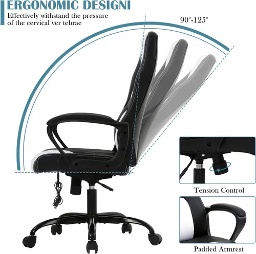 Miniatura 6 de Sillas de videojuegos para computadora, respaldo alto, ergonómica, de cuero, con soporte lumbar y reposacabezas, silla de escritorio ejecutiva