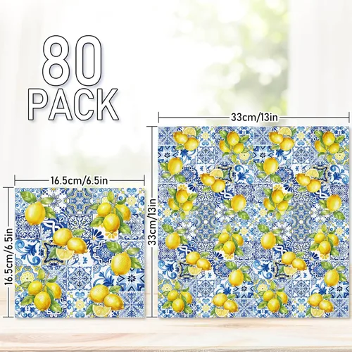 Miniatura 2 de JarThenaAMCS 80 servilletas de papel con azulejos y limones, servilletas desechables azules y amarillas, servilletas decorativas de cítricos
